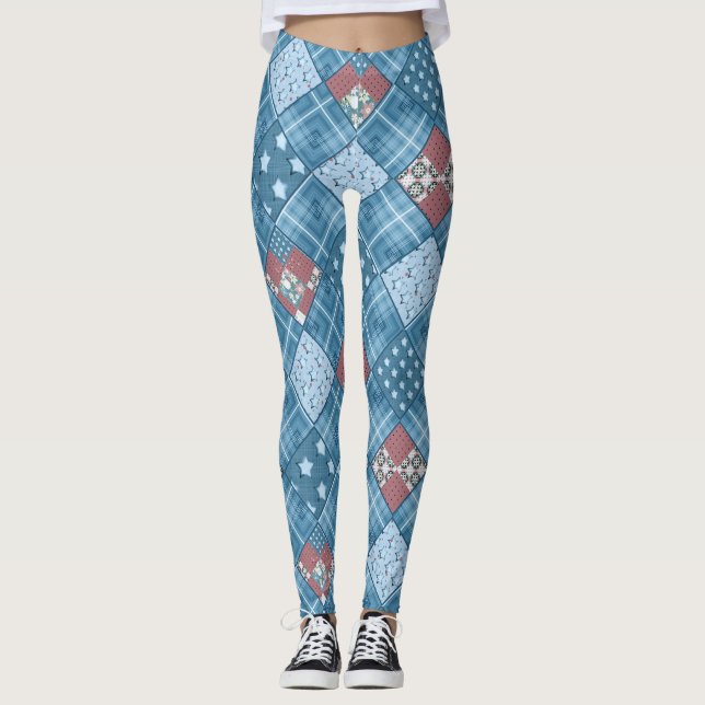 Legging Folheto de Denim, retalhos, têxteis, padrão azul (Frente)