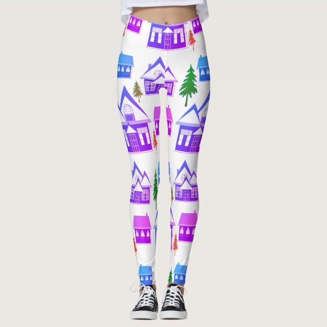 Legging Foto de inverno cor-de-rosa violeta casas roxas (Frente)