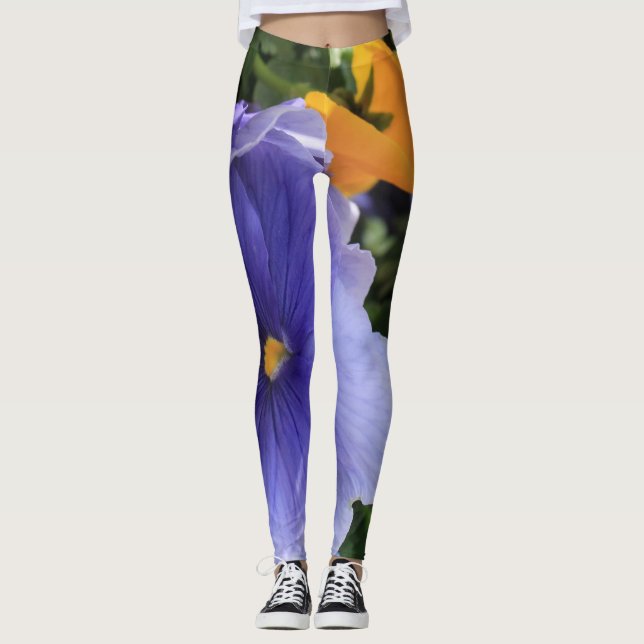 Legging Foto floral verde 06 de w dos Pansies roxos & (Frente)