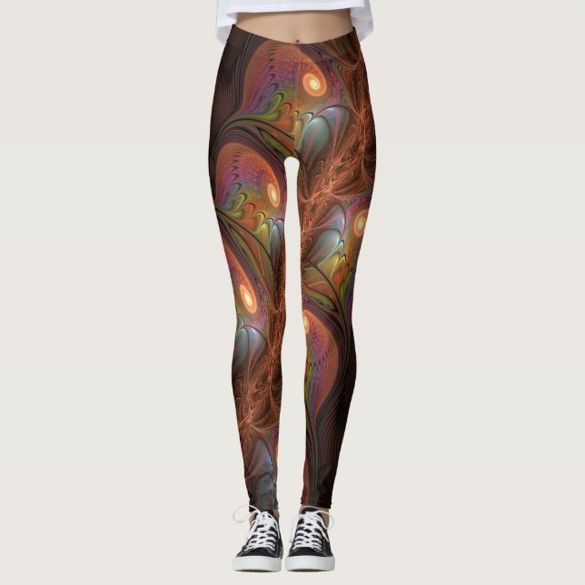 Legging Fractal Castanho Abstrato fluorescente colorido (Frente)