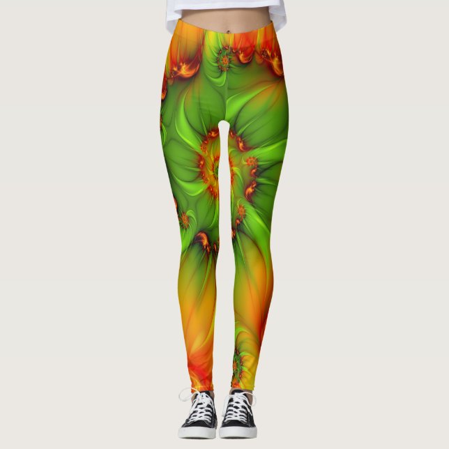 Legging Fractal cor-de-laranja verde de Verão quente (Frente)
