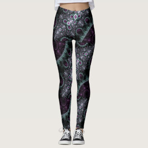 Legging Fractal floral espiral verde roxo escuro de Boho