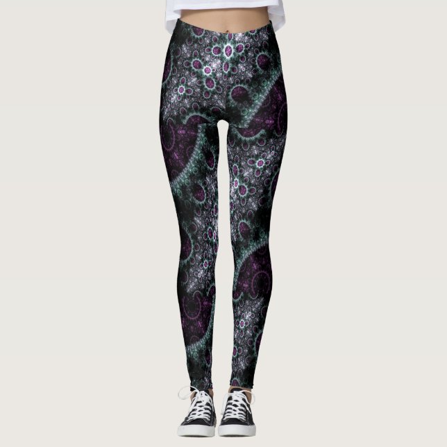 Legging Fractal floral espiral verde roxo escuro de Boho (Frente)