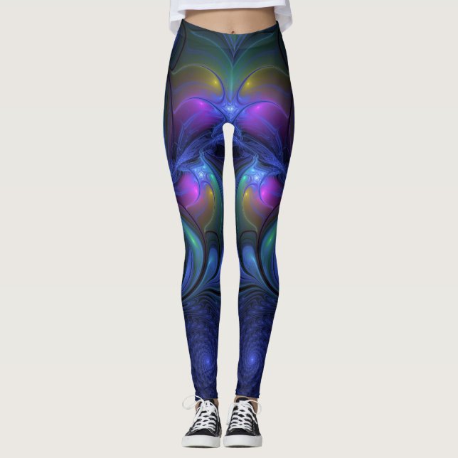Legging Fractal verde cor-de-rosa Abstrato azul-colorido (Frente)