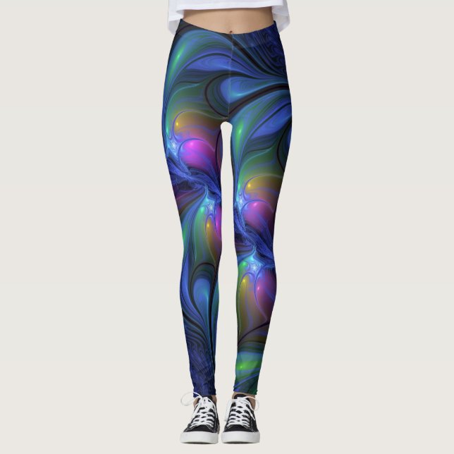 Legging Fractal verde cor-de-rosa Abstrato azul-colorido (Frente)