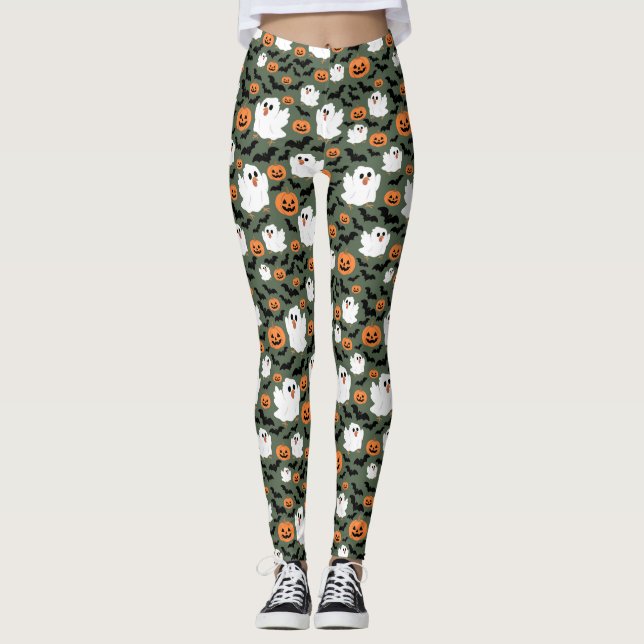 Legging Frangos Fantasmas Cute Spooky com Pumpkins e Bats (Frente)