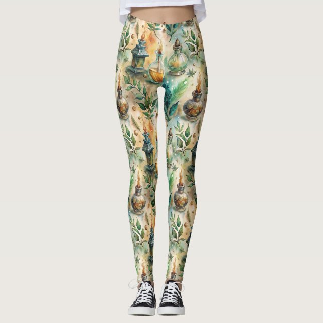 Legging Frascos de Poção Antigos Verde Âmbar Botânico (Frente)