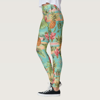 Legging Frutas de ananás tropicais Padrão de Stripes Flora
