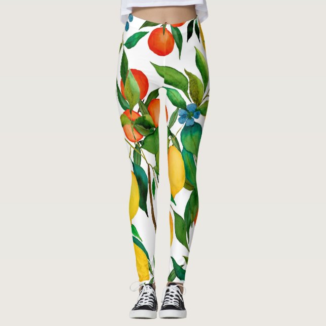 Legging Frutas de citros, padrão de aquarela vibrante. (Frente)