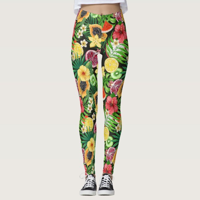 Legging Frutas tropicais, flores e folhas a preto (Frente)