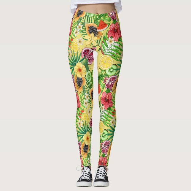 Legging Frutas tropicais, flores e folhas em amarelo (Frente)