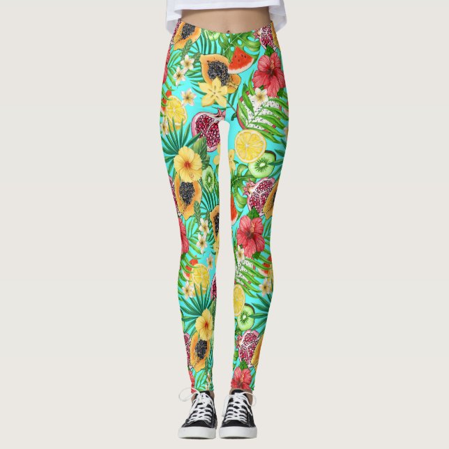 Legging Frutas tropicais, flores e folhas em azul (Frente)