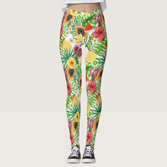 Legging Frutas tropicais, flores e folhas em branco (Frente)