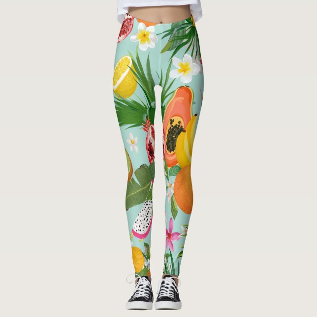 Legging Frutas tropicais, flores: fundo vintage. (Frente)