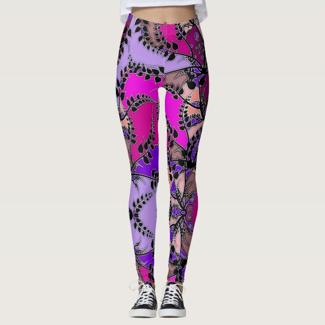 Legging Fuchsia Lavanda rosa púrpura Negra Folha Abstrato (Frente)