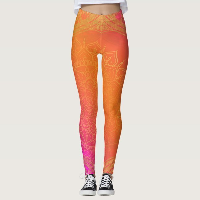 Legging Fuchsia Rosa Laranja & Dourado Glam Mandala Indian (Frente)