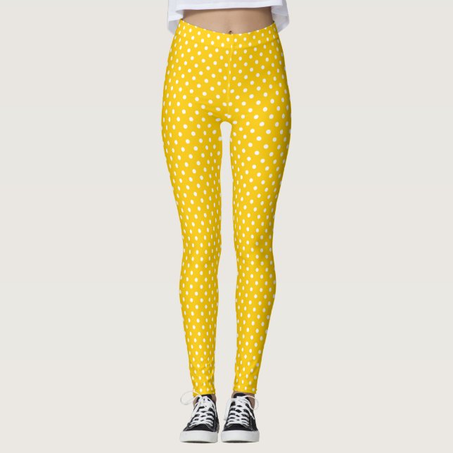 Legging Fundo amarelo da tangerina das bolinhas brancas (Frente)
