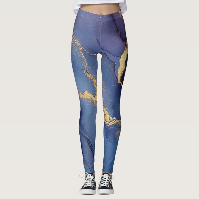 Legging Fundo azul com listras e pontos dourados (Frente)
