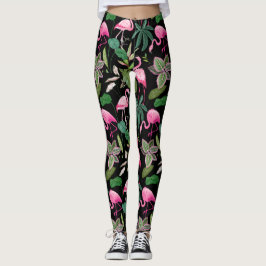 Legging Fundo Botânico Tropical Preto, Flamingo, Rosa