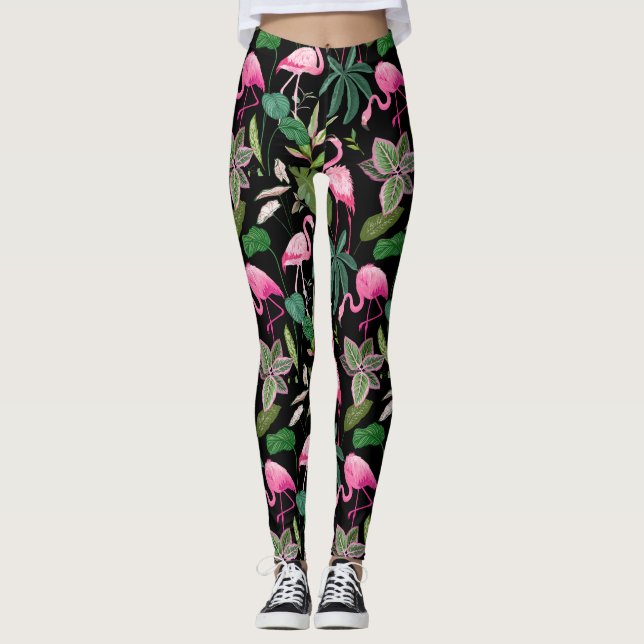 Legging Fundo Botânico Tropical Preto, Flamingo, Rosa (Frente)