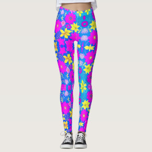 Legging Fundo com padrão de flores rosa azul amarelo adici