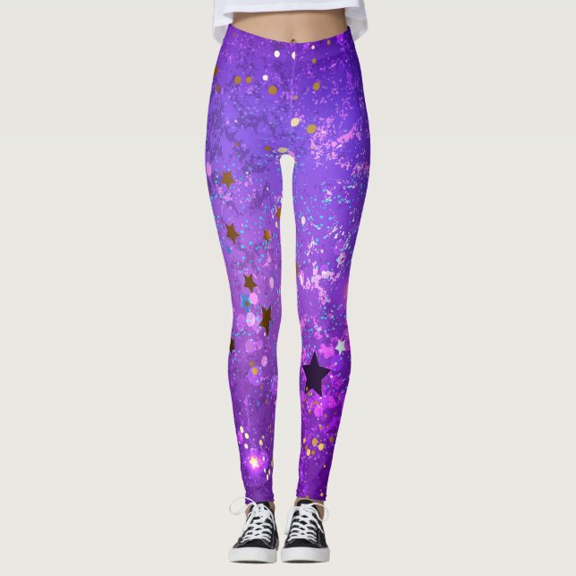 Legging Fundo de folhas roxas com estrelas (Frente)