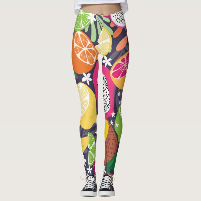 Legging Fundo Escuro das Frutas Tropicais Exóticas (Frente)