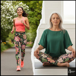 Legging Fundo Floral Retro Coral Pastel - preto