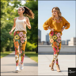 Legging Fundo Marrom Floral Groovy Retro dos Anos 70