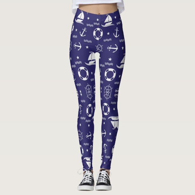 Legging Fundo Padrões Vermelhos Marinhos Sem Costura (Frente)