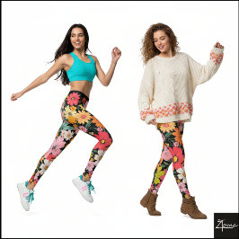 Legging Fundo Preto Floral Retro 70 Groovy Daisy