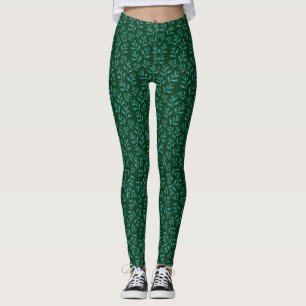 Legging Fundo Verde Escuro com Folhas Botânicas em Verde A