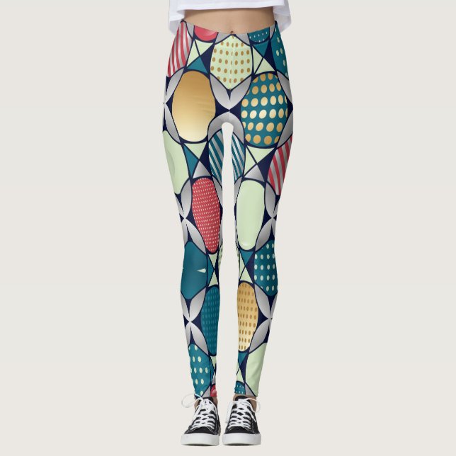 Legging Fusão de Círculo Geométrico Retro Vibrante (Frente)