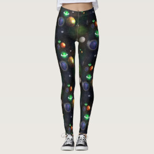 Legging Galáxia e planetas no fundo preto