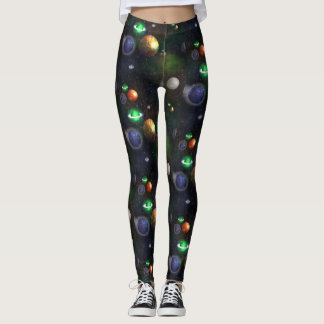 Legging Galáxia e planetas no fundo preto
