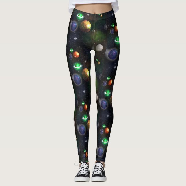 Legging Galáxia e planetas no fundo preto (Frente)