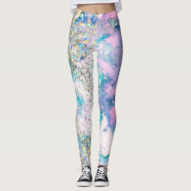 Legging Galáxia Teal Azul Glitter Holográfico Elegante Leg (Frente)