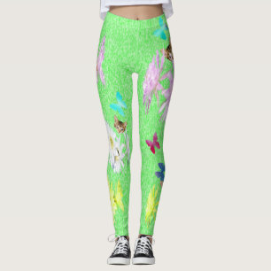 Legging Gatinhos Verdes Borboletas Flores,