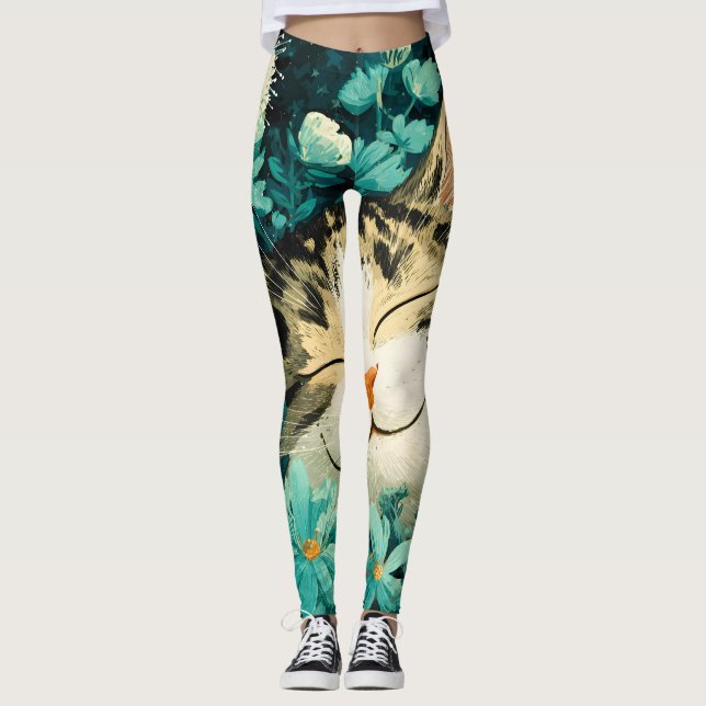 Legging Gato Adormecido em Jardim de Flores com Abelha em  (Frente)