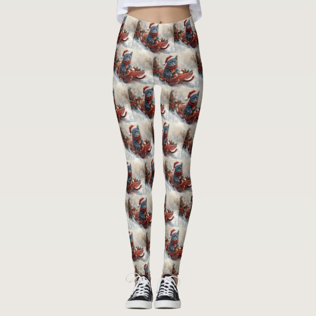 Legging Gato Azul Oriental que Dorme Deixa nevar no Natal (Frente)