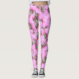 Legging Gato Bonito num Padrão de Boné Rosa Aleatório