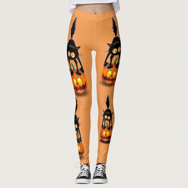 Legging Gato Halloween Caricatura Assustada na Pumpkin (Frente)