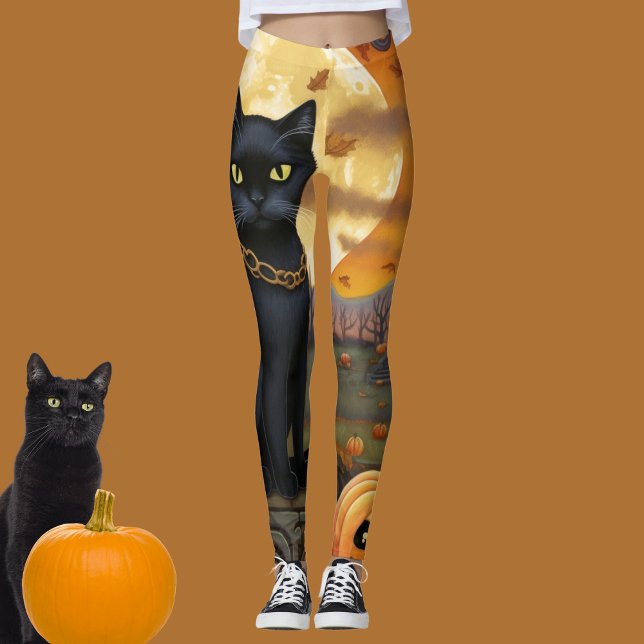 Legging Gato Negro debaixo de uma lua de colheita e abóbor (Black cat and harvest moon Halloween leggings for your costume and trick or treating! )