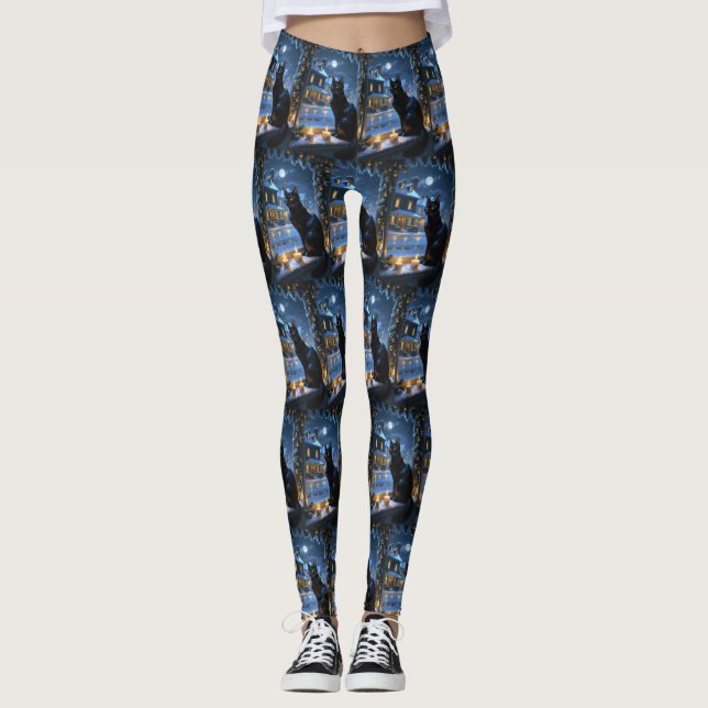 Legging Gato Preto Com Luzes de Natal Feriado (Frente)