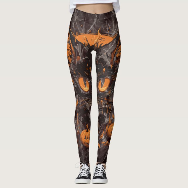 Legging Gato Preto do Halloween com Pumpkins e Lua (Frente)