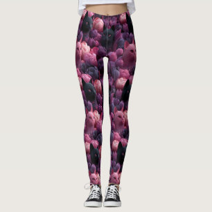 Legging Gato Preto Surreal e Padrão Floral de Peônia Rosa