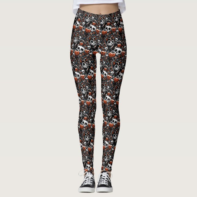 Legging Gato Spooky com crânios (Frente)