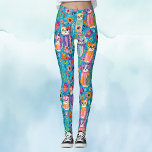 Legging Gatos e Flores Coloridos<br><div class="desc">Ilustração Ai de cores aquáticas de felinos folclóricos e flores em cores azuis, laranja, vermelha, roxa e clara bonito. Adicione um brilho alegre e caprichoso ao seu guarda-roupa com estas lindas leggings.</div>