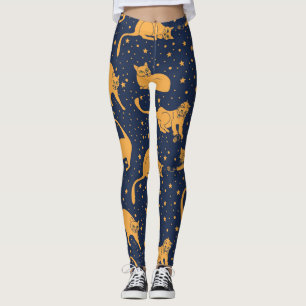 Legging Gatos engraçados, estrelas, padrão espacial.