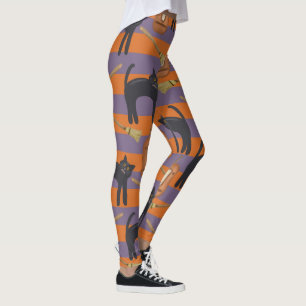 Legging Gatos Negros, Pernas de Dia das Bruxas Laranja e R